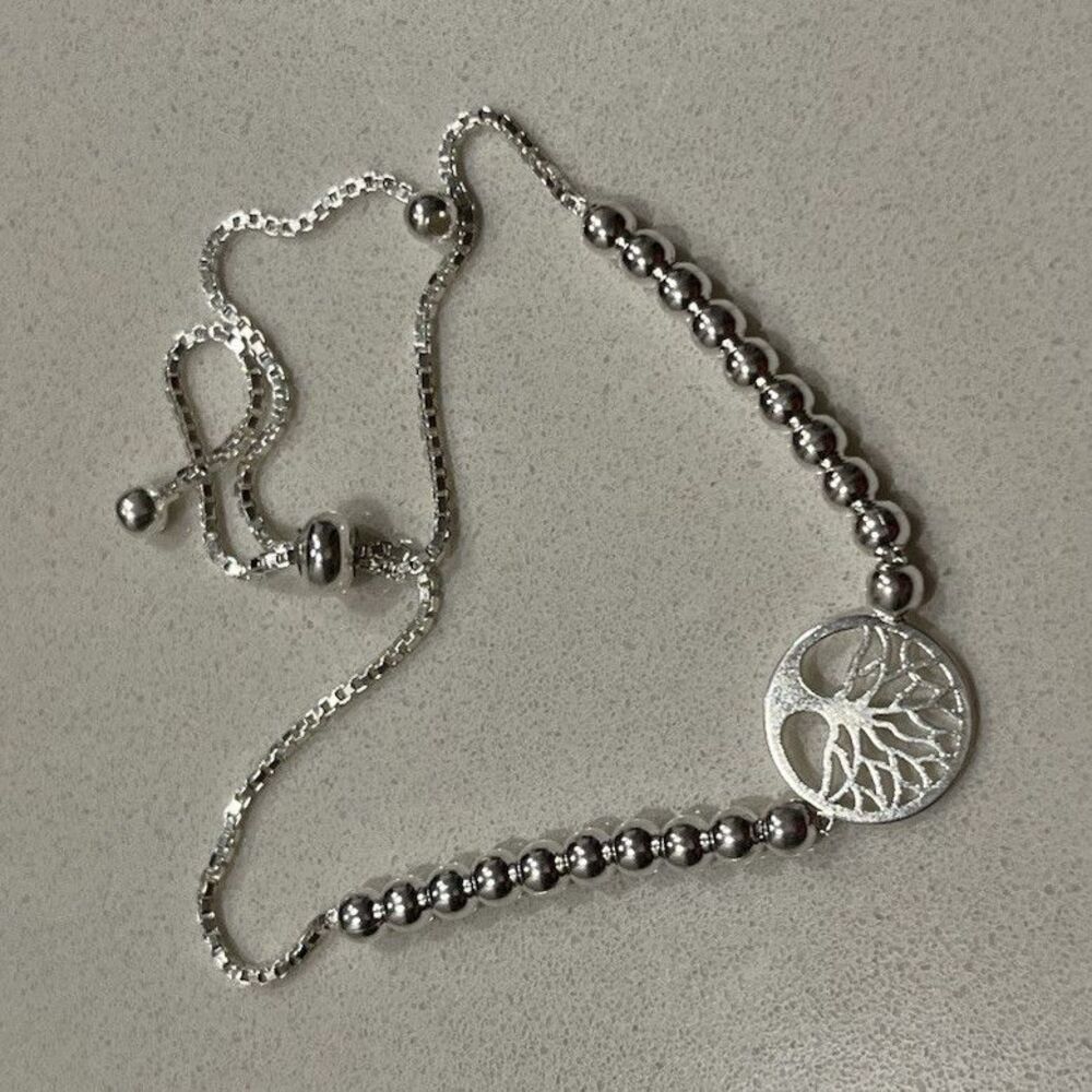 Silver-Tone Adjustable Beaded Ball Chain Bracelet w/ Round Tree of Life Charm